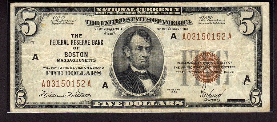 Fr.1850-A, 1929 $5 Boston FRBN, A03150152A